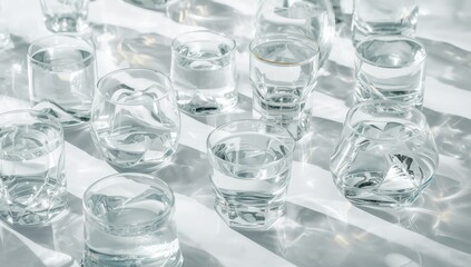 Transparent water in different glasses set on a light background