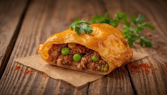 Traditional Majorcan meat empanada with peas and sobrassada on a wooden backdrop