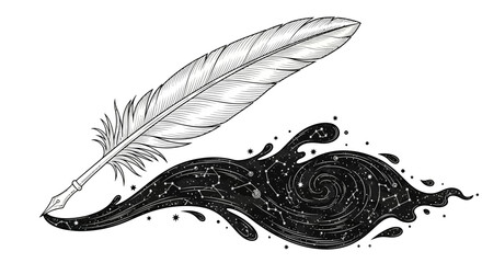A detailed monochrome illustration depicts a feather resting atop swirling ink evoking themes of cosmic creativity and artistic expression high quality professional modern elegant © ELITE STOCK