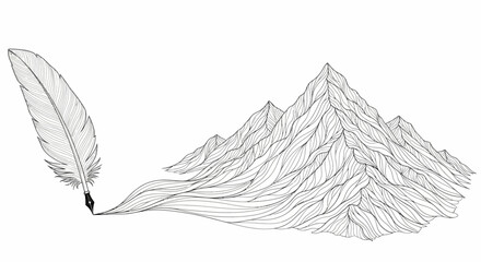 A detailed black and white illustration showcases a feather transforming into a rugged mountain range symbolizing creativity high quality professional modern elegant stylish clean © ELITE STOCK