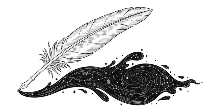 A detailed monochrome illustration depicts a feather resting atop swirling ink evoking themes of cosmic creativity and artistic expression high quality professional modern elegant