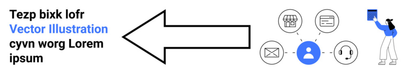 Obraz premium Communication systems, networking, digital marketing, teamwork, information flow, user interaction. Arrow pointing to icons for user profile, messaging and connectivity. Communication systems
