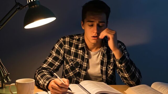 Student battles fatigue during latenight study session under lamp light
