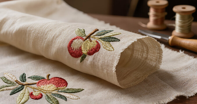 Close-up of embroidered fabric featuring apples, with intricate details. Soft, natural lighting highlights the texture of the linen.