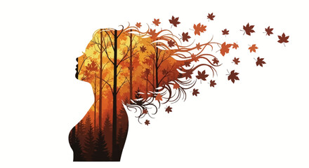 A striking silhouette of a woman s profile is creatively filled with autumnal trees and falling maple leaves evoking a sense of nature © ELITE STOCK