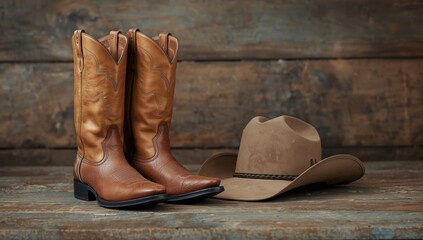 Obraz premium Western holiday with boots and hat on a wooden backdrop