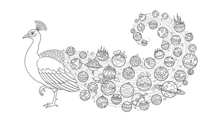 Fototapeta premium An intricate line drawing depicts a peacock with its tail feathers transformed into celestial planets and orbiting space elements high quality professional detailed modern