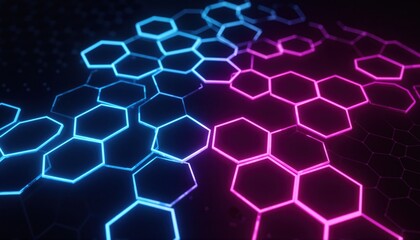 Fototapeta premium Vibrant hexagonal network with glowing edges in sapphire and magenta, floating on a dark background. 