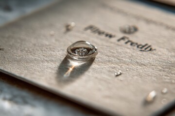 Close-up of a water droplet resting on textured paper, reflecting light and surroundings