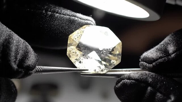 Close-up of rough diamond with inclusions under magnification