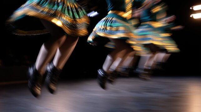 irish dance performance, irish step dancers in colorful embroidered dresses leap with energy on stage, enhanced by dramatic lighting
