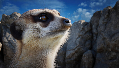 close up of a meerkat looking up