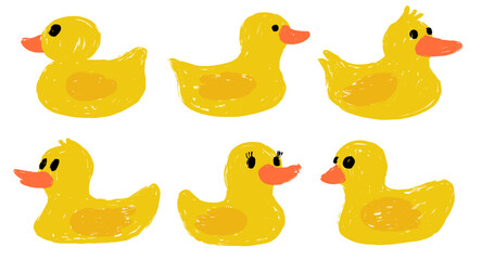 Obraz premium Set of cute yellow duck chick illustration isolated on white background. The duck is painted with a brush. Adorable yellow ducklings in different poses, perfect for children's. Funny yellow chickens.