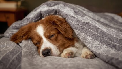 Fototapeta premium A charming red and white Australian Shepherd rests in bed at a pet-friendly hotel, snuggled under a striped blanket
