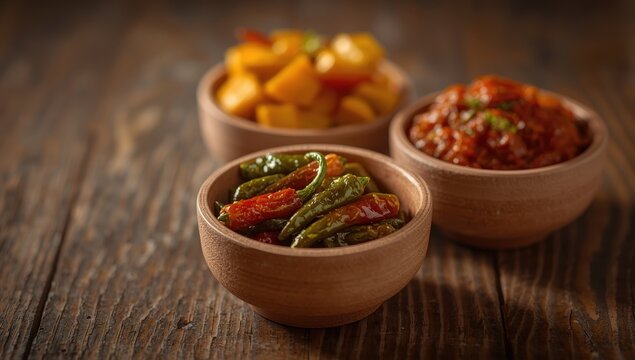 Homemade Indian pickles made from red green chili, mango, and lemon, also called Mirchi, Aam, and Nimbu ka achar, presented in ceramic bowls with a focused view