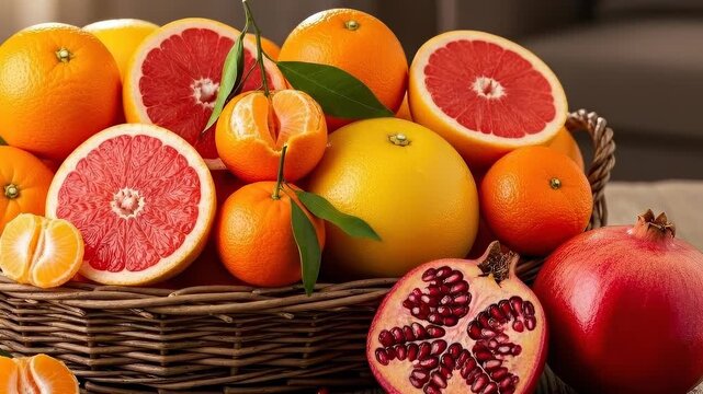 Vibrant citrus and pomegranate display in rustic basket on wooden table
