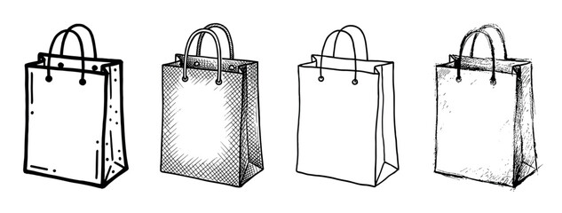 Four hand-drawn paper shopping bags in various sketch styles, including line art, cross-hatching, and doodle illustrations, showing a collection of retail packaging concepts