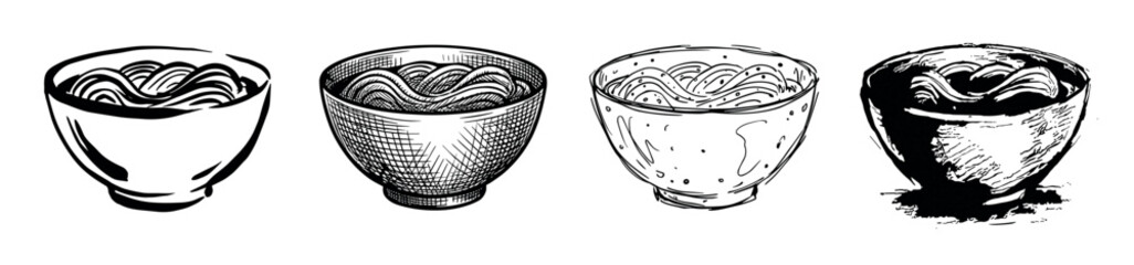 Obraz premium Four hand-drawn bowls of noodles in different artistic styles, including line art, engraving, sketch, and grunge ink wash for a creative food illustration set