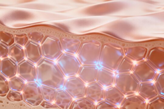 3D cosmetic science illustration of collagen fibers forming a glowing network beneath translucent skin with blush tones