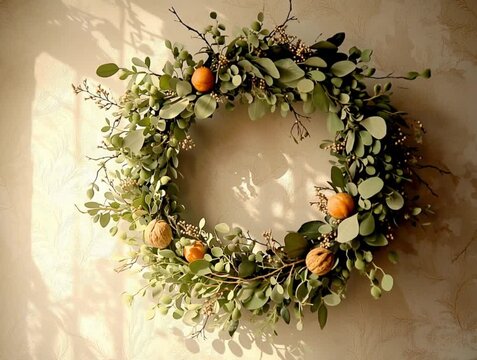 nawruz video with elegant eucalyptus wreath with citrus and nuts on textured wall, blank center copy space for Nowruz greeting card, spring holiday decoration background.