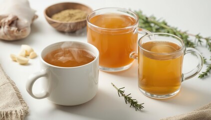 Two cups and a glass mug of homemade chicken bone broth on a white backdrop, featuring bone stock, garlic, and herbs. Panoramic view with space for text