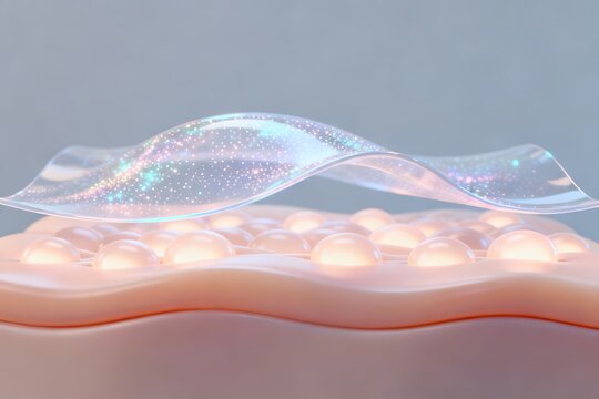 3D medical illustration of translucent skin barrier with glowing cells, micro-particles, and futuristic cosmetic design