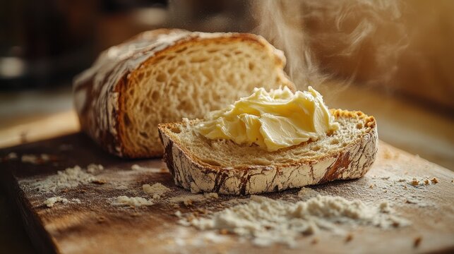 Frisch gebackenes rustikales Sauerteigbrot mit weicher Butter auf einer Scheibe, serviert auf einem Holzbrett mit Dampf im warmen Morgenlicht, Konzept f&uuml;r leckeres Fr&uuml;hst&uuml;ck und traditionelle B&auml;ckerei