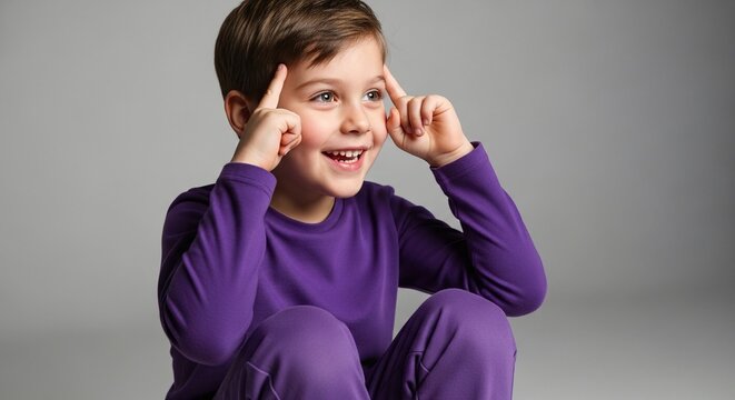 joyful child in purple outfit making an aha gesture and pointing to head, studio portrait with copy space, for educational blogs, websites and parenting magazines