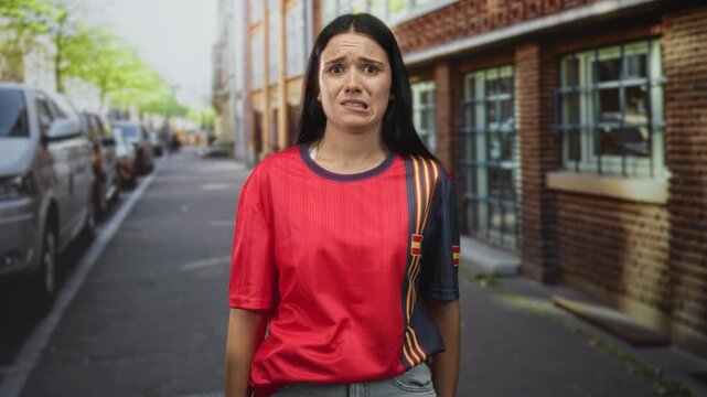 Young spanish woman wearing a red spain soccer jersey grimaces with teary face on a city street beside a brick building and parked cars; disappointment.