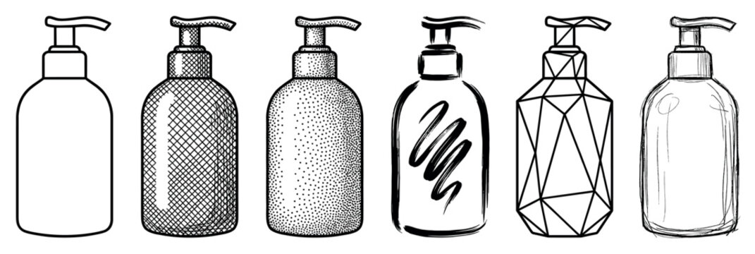 Collection of six cosmetic pump bottles illustrated in different black and white techniques like doodle, low poly, ink wash, dotwork, engraving, and a clean outline