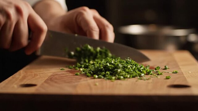 Chef swiftly mincing fresh green herbs with a sharp stainless steel knife on a wooden cutting board preparing ingredients for a delicious meal.