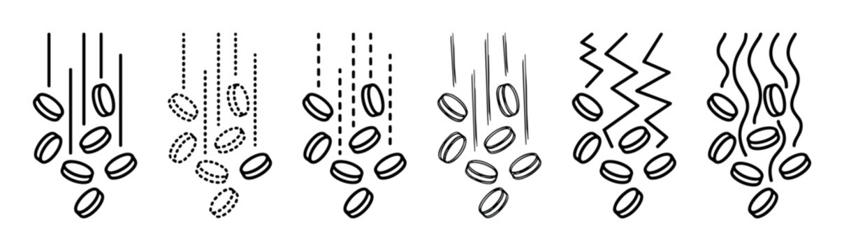 Set of six black outline icons showing coins or tokens falling with different motion trail styles like solid, dotted, wavy, and zigzag lines in a minimalist vector illustration