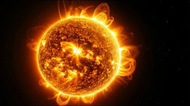 Sun with solar flares and prominences, plasma activity on star surface, astronomy and astrophysics concept, space science background