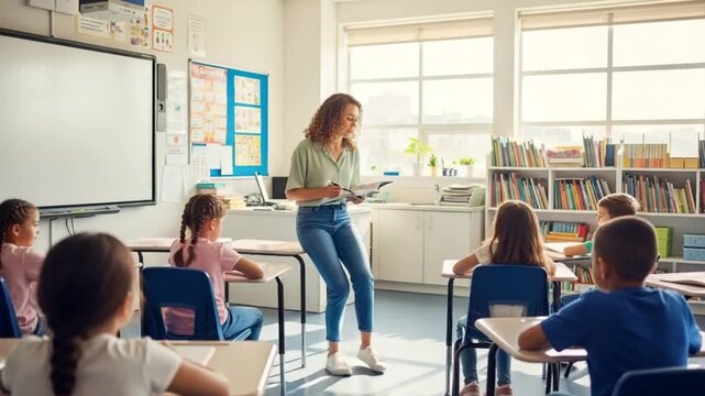 Teacher standing in front of elementary school classroom full of students