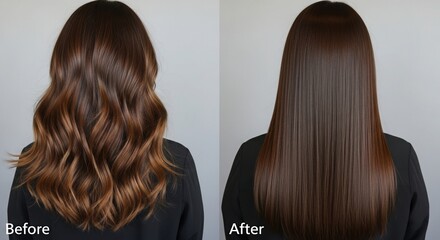 Fototapeta premium Side-by-side comparison showing female brunette hair before and after treatment, left side wavy and dry, right side smooth and straight, studio lighting, neutral background