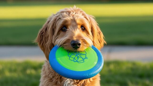 Dog holding frisbee in mouth with playful expression on face outdoors