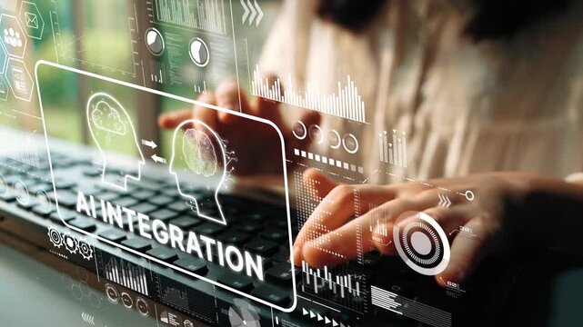 Hands Typing on Keyboard with AI Integration Concept in Modern Digital Environment. Asymptotic smart data analytic.