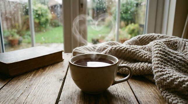 Coffee Cup by Window Cozy Valentine Lifestyle Background