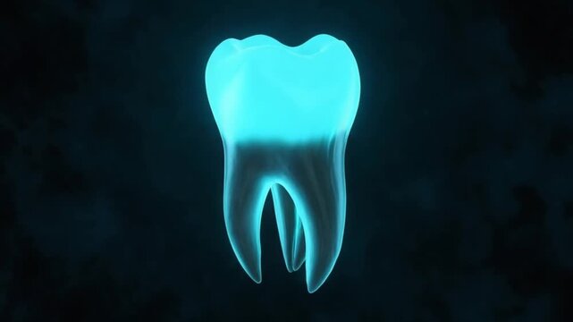 Glowing blue tooth with roots on dark background