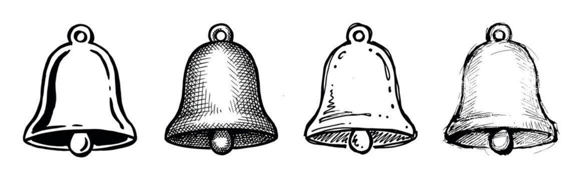 Collection of four hand-drawn bells in a black and white ink sketch style, showcasing different artistic techniques like cross-hatching and simple outlines for graphic elements