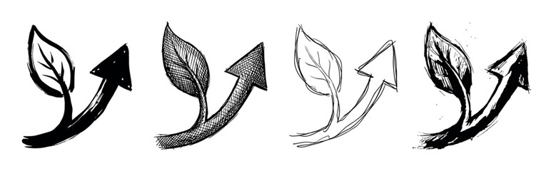 Obraz premium Set of four hand-drawn black arrow icons with leaves symbolizing growth and sustainability, rendered in various artistic sketch styles like solid, hatched, and outline