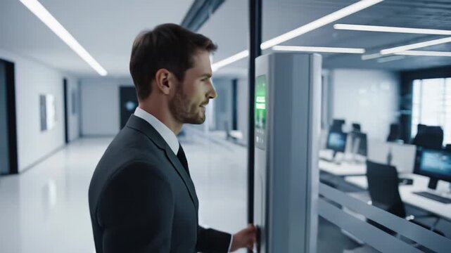 Businessman in a suit approaches a biometric access control system, receives access approval, and confidently walks into a modern office space with glass walls