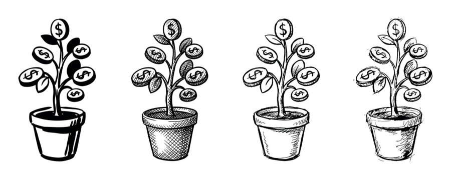 Four hand-drawn money tree illustrations with dollar coins growing on branches in a pot, a conceptual sketch representing financial growth, investment, and wealth