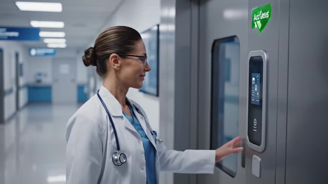 Female medical professional in white coat approaches secure door, scans access badge, and gains entry to restricted area in modern hospital corridor