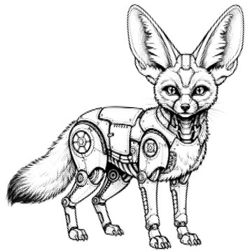 Mechanical fennec fox vintage y2k halftone art, cybernetic desert animal stipple brutalist retro vector png with transparent background, bold 2000s aesthetic photocopy effect tattoo