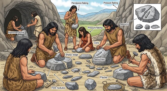 Ancient People Crafting Stone Tools Together.