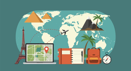 Fototapeta premium Global travel planning concept with world map and iconic landmarks illustrating adventure and