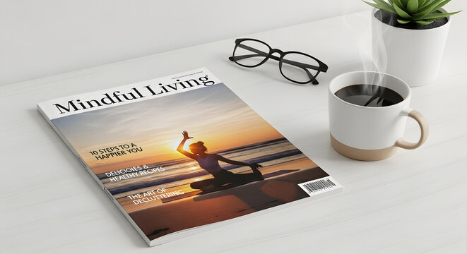 Mindful living magazine cover featuring a serene beach yoga pose at sunset with a coffee and glasses