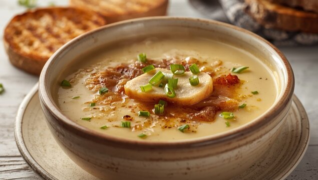 Onion cream soup with turkey slices and green onion, served with grilled bread. A close-up of a hot meal on a white wooden table