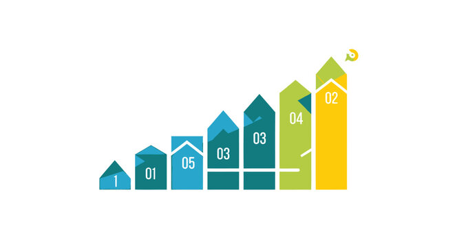Vector bar graph with numbered bars in blue and green hues for infographic or presentation, isolated on transparent background, png